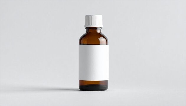 Amber glass bottle with white cap and blank label on light gray background&mdash;evokes pharmaceutical clarity, essential purity, and minimalist health symbolism in clean product composition.
