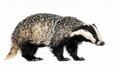 Obraz premium European badger stands alert—black and white facial markings, coarse fur, and visible claws evoke wildlife identity, natural resilience, and grounded presence in minimalist animal symbolism compositio