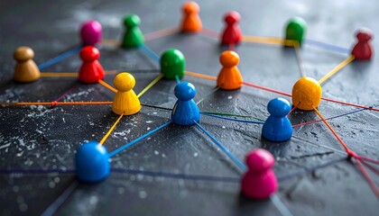 Colorful game pawns connected by multicolored strings on dark surface forming network