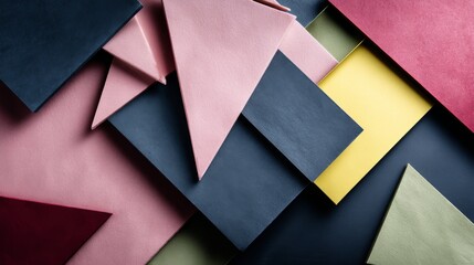 Vibrant geometric flatlay with overlapping triangles and rectangles in bold pink, blue, yellow, and green hues creating a dynamic abstract pattern for digital design