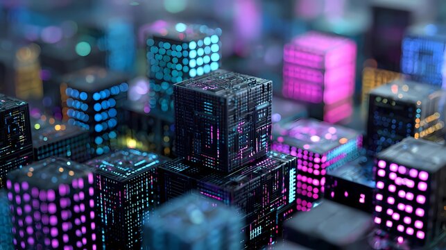 Stacked Cubes With Neon Circuits