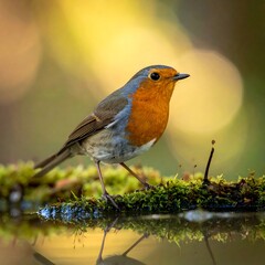 Obraz premium A robin perches on moss near a reflecting pool, bathed in warm, golden light