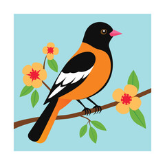 Orange and black bird perched on a branch with flowers