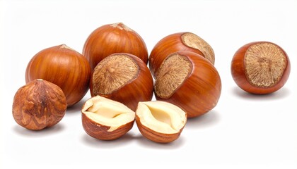 Scattered hazelnuts on white surface—smooth brown shells with pointed tips and rough bases evoke natural texture, culinary simplicity, and organic rhythm in minimalist food symbolism composition.