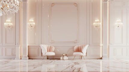 Elegant Light Pink Lounge Area with Chandelier and Marble Floor in Luxurious Interior