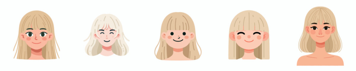Female face avatar with center-parted bangs, blonde hair, pale skin, happy expression