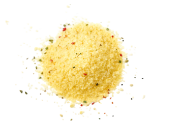 A pile of fine yellow cornmeal or polenta powder with scattered grains isolated on transparent background