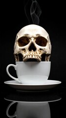 A human skull sits atop a white teacup and saucer against a black background, steam rising from the cup