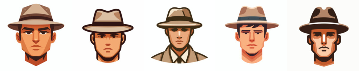 Avatar face of a short-haired man wearing a fedora hat, white skin, serious expression