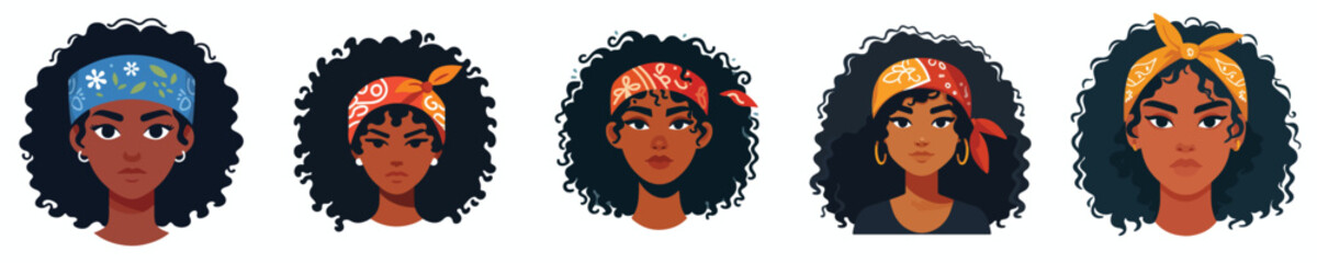 Avatar face of curly haired woman wearing bright colored bandana, dark skin, confident expression