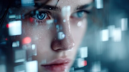 Woman with Blue Eyes and Digital Hologram Overlays Abstract Futuristic Close Up