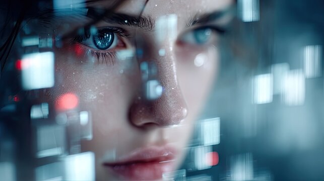 Woman with Blue Eyes and Digital Hologram Overlays Abstract Futuristic Close Up - Powered by Adobe
