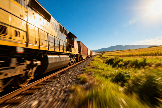 freight trains moving across vast  field.industrial logistics and agricultural transportation network symbolizing economic growth and sustainable infrastructure development.Generated by AI
