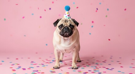 A charming pug stands amidst a flurry of colorful confetti, donning a festive party hat against a soft pink backdrop, radiating pure joy
