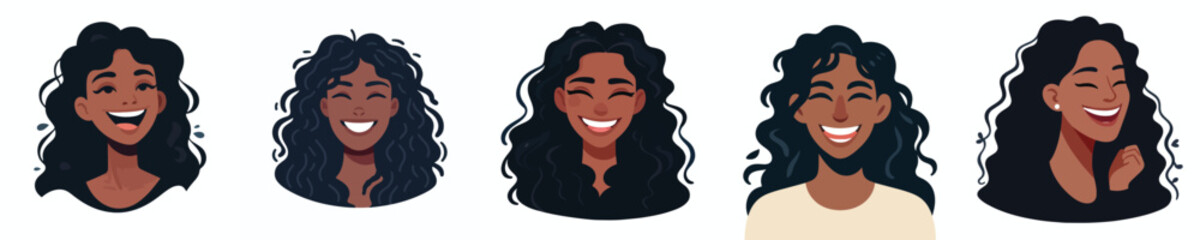 Female face avatar with long curly hair, dark skin, laughing expression