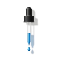 Precise scientific dropper dispensing vibrant blue liquid drop for research, medical, or cosmetic applications