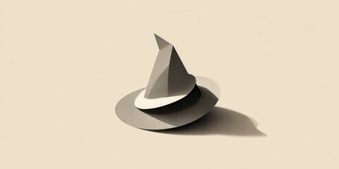 A minimalist design of a stylized witch hat, showcasing clean lines and soft shadows that highlight its geometric form.