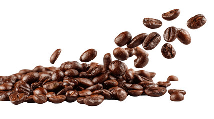 Obraz premium Heap of coffee beans with roasted brown texture showing aromatic caffeine seeds and natural food ingredient for beverage isolated on white background 