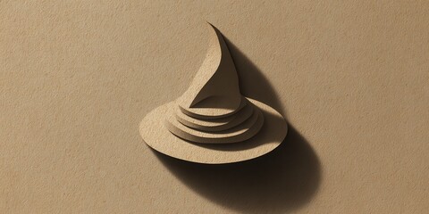 A minimalist design of a wizard hat made from textured brown paper, symbolizing magic and creativity in art and crafts.