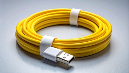 coiled yellow cable with USB and DisplayPort connectors on white surface