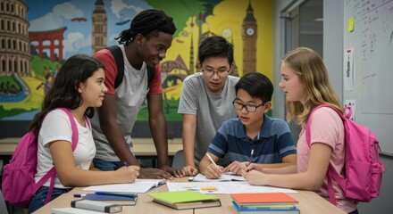 Collaborative study session among students in a classroom engaging learning environment focused group dynamics