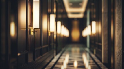 Elegant Modern Hotel Corridor with Warm Lighting and Reflective Floors