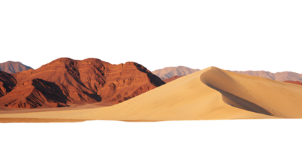 Dramatic desert landscape with towering red rock formations and a large sand dune isolated on transparent background