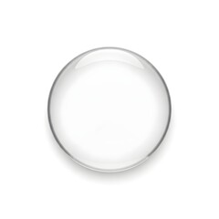 Sparkling clear glass sphere with subtle gray rim casting soft shadow on white background, perfect for design elements.