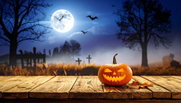 Three glowing jack-o'-lanterns on wooden surface—full moon, bats, grave markers, and leafless trees evoke Halloween mystery, spooky charm, and eerie tradition in minimalist seasonal symbolism composit - Powered by Adobe
