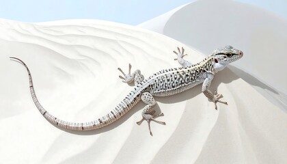 Naklejka premium A pale lizard with dark stripes rests on pristine white sand dunes