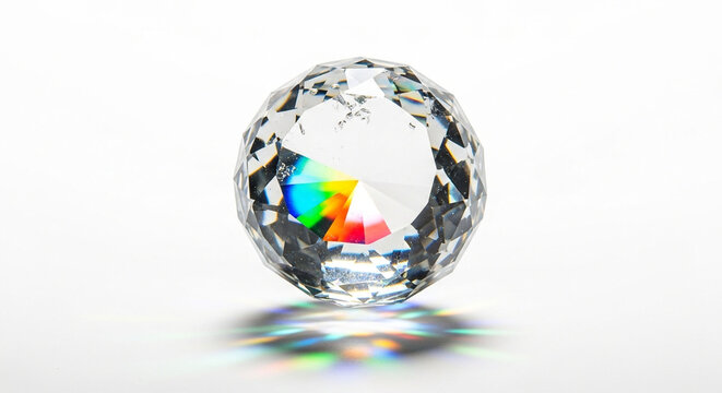 Crystal ball reflecting rainbow colors isolated on white background, creating a mesmerizing display of light and color, perfect for adding a touch of magic