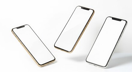 Three modern smartphones with blank screens on a white background