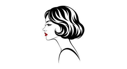 Elegant woman s profile with short wavy hair and red lipstick isolated on white background