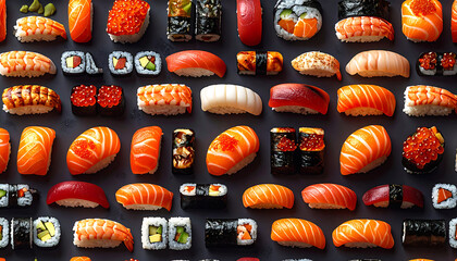 Colorful flat lay of assorted sushi nigiri and maki rolls, neatly arranged in rows. Clean, vibrant illustration perfect for food menus, posters, or decorative patterns