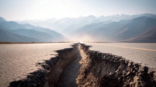 Dramatic earthquake damage creates dangerous chasm across mountain highway road destruction