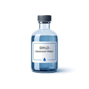 Pure deionized water in a clear glass bottle with a clean label and dark cap, essential for science and industry