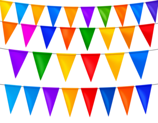 Carnival garland, birthday party decoration. Rainbow Pennant Banner Flags. Colorful multicolored triangular flags. Png transparency