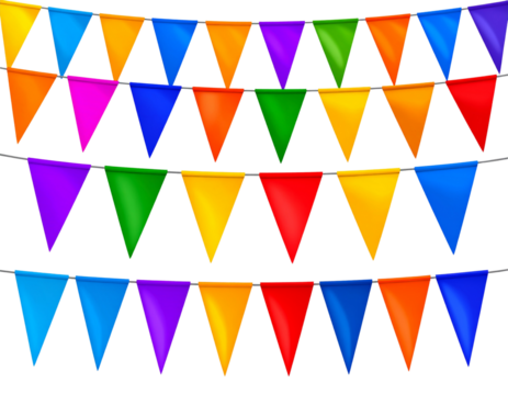 Carnival garland, birthday party decoration. Rainbow Pennant Banner Flags. Colorful multicolored triangular flags. Png transparency