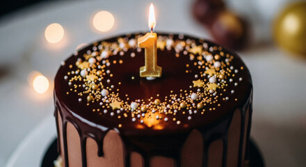 Delicious chocolate birthday cake with a single lit candle for a celebration.