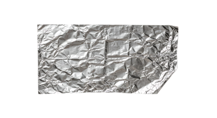 A crumpled piece of silver aluminum foil with a textured surface isolated on transparent background