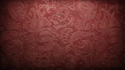 Frontal closeup of red paisley pattern on textured vintage dark fabric with deep shadows and intricate details, emphasizing rich color and ornate design for elegant textile background