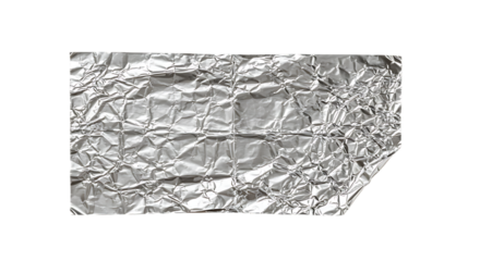 Crinkled silver aluminum foil texture with reflective highlights and shadows isolated on transparent background