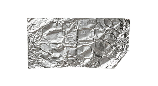 A crumpled piece of silver aluminum foil with a textured surface isolated on transparent background