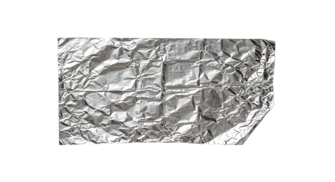A crumpled piece of silver aluminum foil with a textured surface isolated on transparent background
