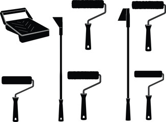 Set of paint rollers, paint tray, painting tools, DIY renovation equipment, wall painting accessories, construction repair tools, vector silhouettes, household suppliesSet of paint rollers, paint tray
