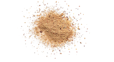 A pile of fine golden brown breadcrumbs scattered and exploding outwards isolated on transparent background