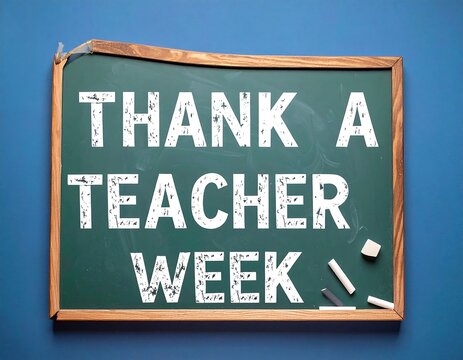 A damaged chalkboard displays "Thank a Teacher Week" in chalk