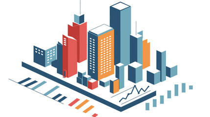 Obraz premium Colorful depiction of a city skyline filled with tall buildings representing urban architecture and economic development. The scene includes graphs indicating growth trends.