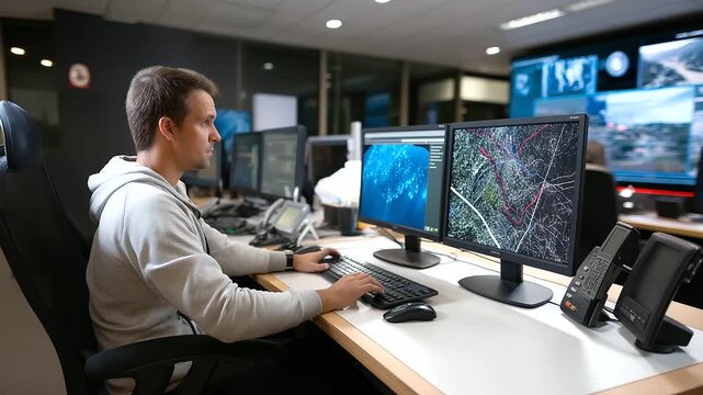 Security control room operator adjusting tracking zones on a large screen