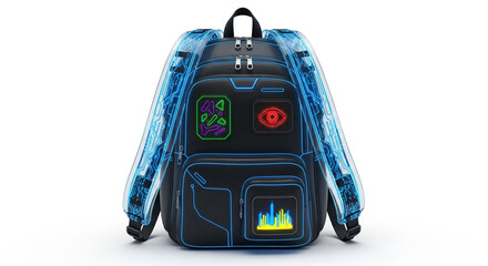 Modern black backpack with blue neon accents isolated on white background, blending futuristic design with practical functionality for everyday use
